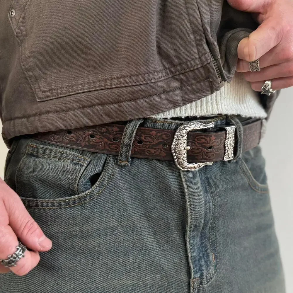 y2k style engraved brown american western design belt